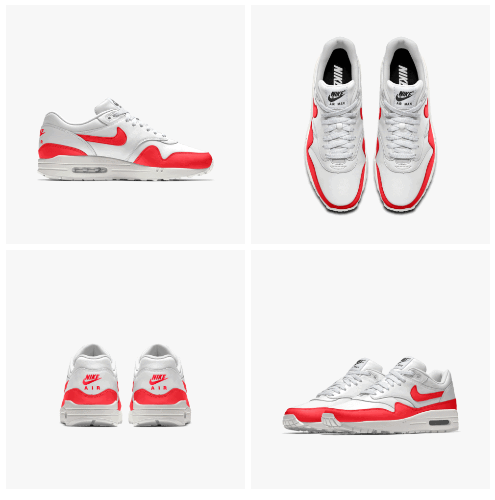 Nike Air Max 1 front view, Nike Air Max 1 Top view, Nike Air Max 1 side view, Nike Air Max 1 back view