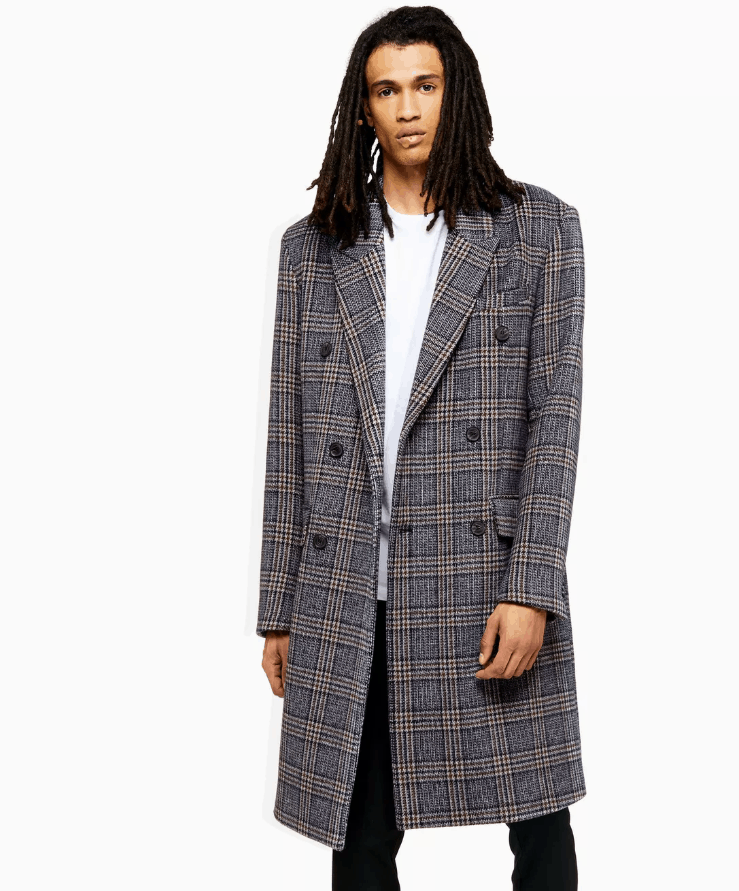 topman Brown And Blue Check Double Breasted Overcoat