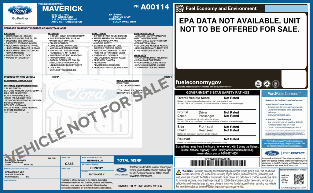 2023 Ford Maverick XLT Hybrid monroney label