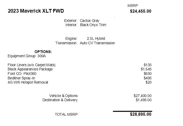 2023 Ford Maverick XLT Hybrid MSRP