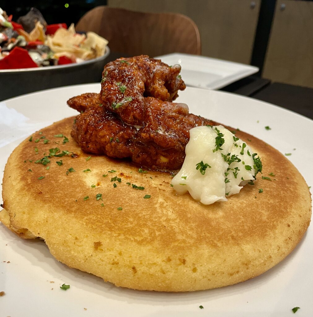 Crispy Chicken & Cornbread Pancake at Tom's Watch bar