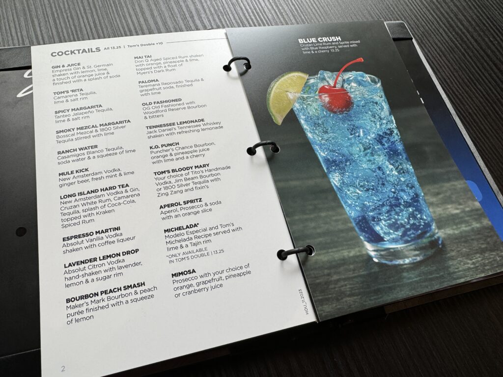 Drink menu at Tom's Watch bar Houston